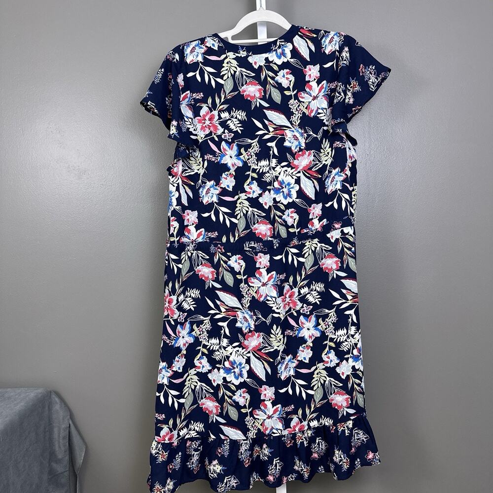 Vintage Massini Floral Dress XL Navy Tropical Midi Drawstring Waist Cottagecore - Picture 7 of 8